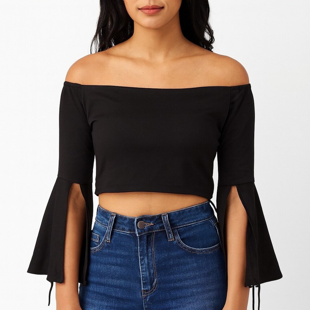 SEEK Women's Black Long Sleeve Split Sleeve Crop Top Size M